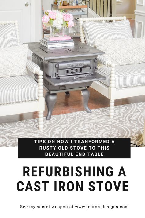 Old Stove Repurposed, Repurpose End Table, End Table Diy, Stove Decor, Old Stove, Cast Iron Stove, Design Rules, Table Diy, Repurposed Furniture Diy