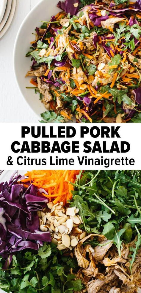 This pulled pork cabbage salad is an easy, healthy lunch or dinner recipe. This uses an easy crockpot pulled pork that's juicy and so tender. #pulledpork #cabbage #cabbagesalad #crockpot #pulledporkslowcooker #slowcooker Arugula Cabbage Salad, Bbq Pulled Pork Salad, Pulled Pork Salad Bowl, Pulled Pork Cabbage, Pulled Pork And Cabbage, Salad With Pulled Pork, Pulled Pork Dinner Ideas Healthy, Salad To Go With Pulled Pork, Healthy Recipes With Pulled Pork