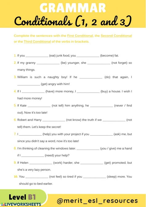 Conditionals interactive and downloadable worksheet. You can do the exercises online or download the worksheet as pdf. If Clause, Conditionals Grammar, Second Conditional, First Conditional, Conditional Sentences, Imperative Sentences, Grammar Exercises, Types Of Sentences, English Exercises