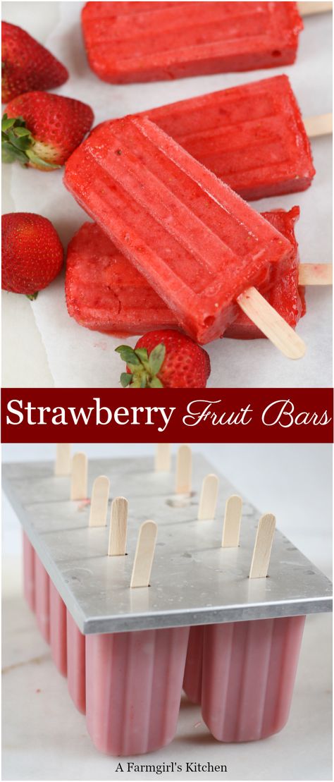 Homemade Strawberry Frozen Fruit Bars #outshinebars #strawberrypopsicles #icepops #popsicles #strawberry #recipes Popcicles Recipes Strawberry, Frozen Fruit Bars Homemade, Home Made Popsicles Healthy, Homemade Popsicles Healthy, Strawberry Popsicles Recipe, Popcicles Recipes, Gourmet Popsicles, Homemade Fruit Popsicles, Frozen Recipes