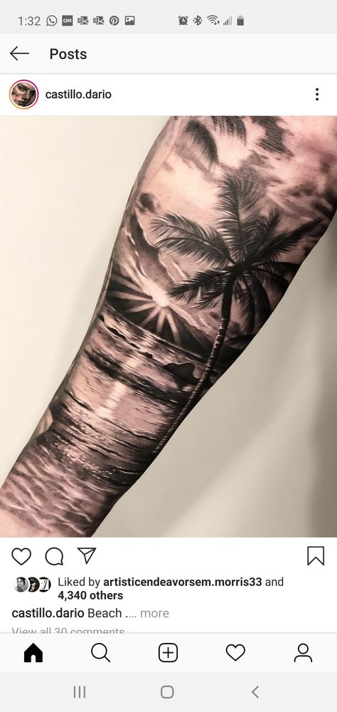 Beach Forearm Tattoo Men, Half Sleeve Tattoos For Guys Family, California Tattoos Men, Beach Sleeve Tattoo Men, Beach Forearm Tattoos For Women, Beach And Ocean Tattoo, Ocean Realism Tattoo, Beach Theme Sleeve Tattoo, Jamaica Inspired Tattoos