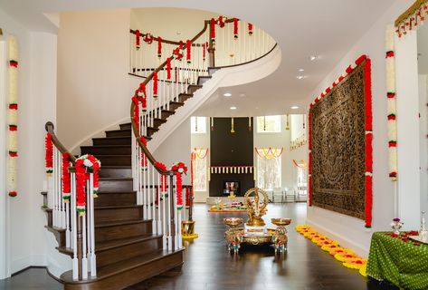 Indian house warming decorations, Staircase decorations Pooja Backdrops, Indian House Warming, White Artificial Flowers, Centerpiece Flower, Flower Rack, Indian House, Staircase Decor, Indian Homes, Flower Centerpieces Wedding