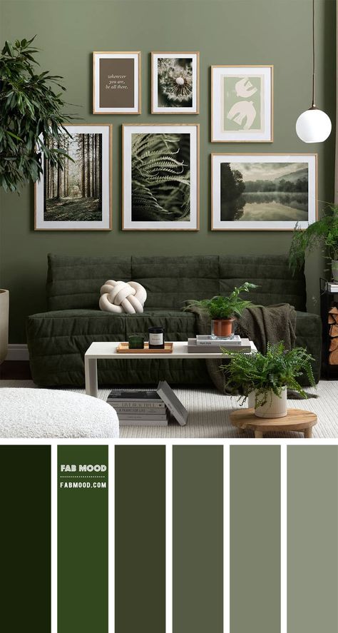 Colour Platette For Living Room, Green Wall Pallet Color Palettes, Green Shades Interior Design, Green As A Neutral, Green Natural Living Room Ideas, Deep Green Living Room Colour Palettes, Mossy Green Living Room, Living Room Color Themes, Colour Theme For Living Room