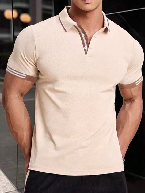 Manfinity Mode Men Contrast Trim Polo Shirt Going Out Shirts, Contrast Trim, Mens Polo Shirts, Summer Shirts, Spring Outfits, Mens Polo, Going Out, Men's Polo Shirt, Champagne