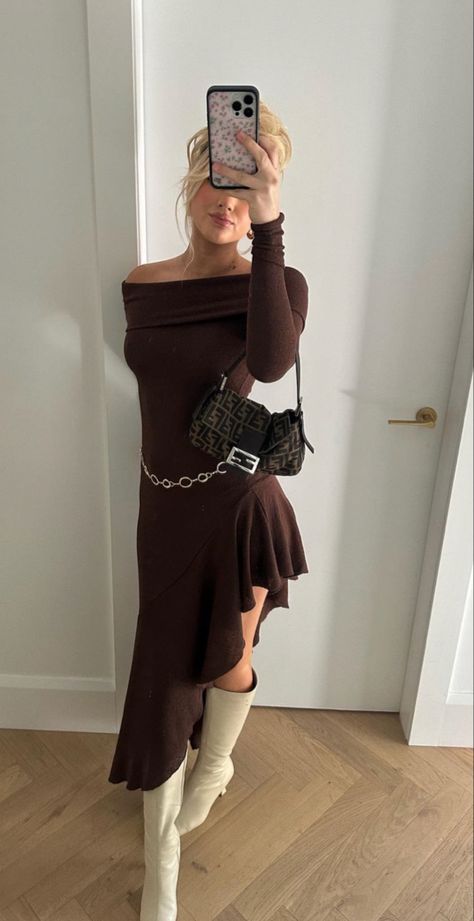 Fall Knit Dress Outfit, Fall 2024 Dress Trends, Sopha Dopha Outfits, Brown Knit Dress Outfit, Long Dress Fall Outfit, Brown Maxi Dress Outfit, Symphony Outfit, Brown Leather Outfit, Long Dress With Boots