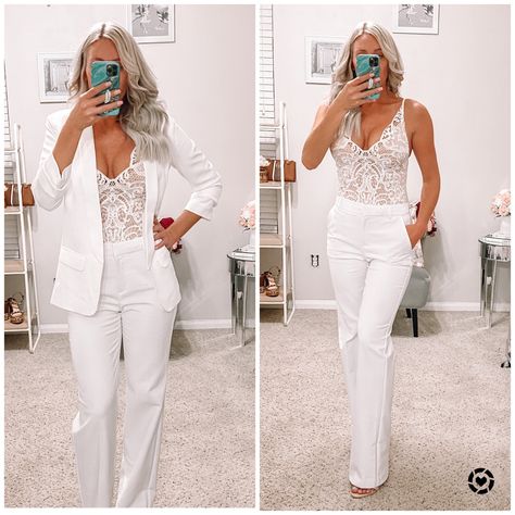 Shop at @dannawells white outfit, suit styles, lace bodysuit, blazer, white pants, slacks, ootd, ootn, chic, night outfit White Blazer Bachelorette Outfit, All White Pants Outfit Classy, White Dress Shorts Outfit Classy, White Blazer White Pants Outfit, Women’s All White Outfit, Slacks Outfit Party, Blazer And Lace Bodysuit Outfit, Women’s White Pants Suit, Blazer With Lace Bodysuit