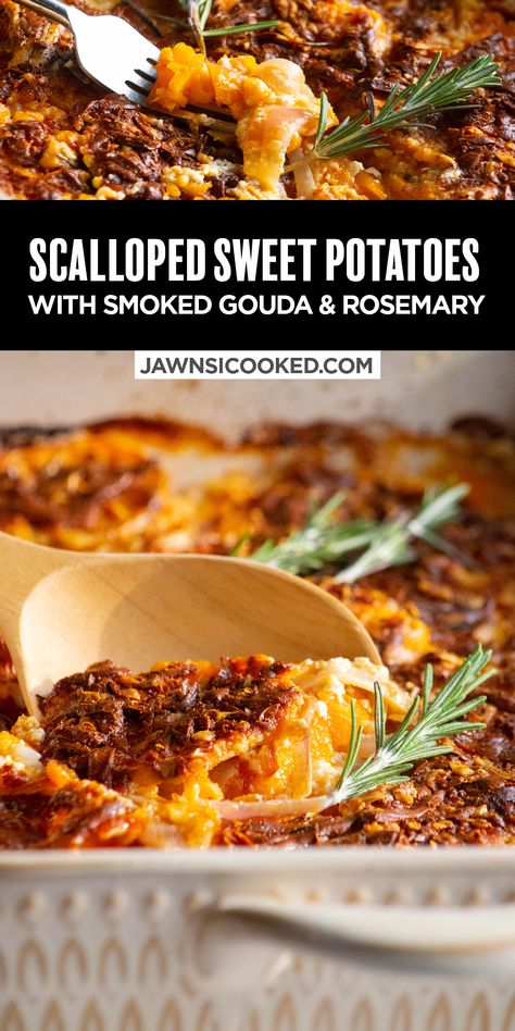 Smoked Gouda Sweet Potato, Savory Scalloped Sweet Potatoes, Smoked Gouda Potatoes, Sweet Potatoes For Thanksgiving Dinner, Sweet Potato Smashed Potatoes, Sweet Potato With Goat Cheese, Scalloped Sweet Potato Casserole, Smoked Sweet Potato Casserole, Savoury Sweet Potato Recipes