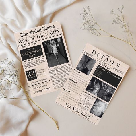 Elevate your bachelorette party to a whole new level of sophistication and creativity with our Bachelorette Party Invitation Newspaper Template. Ensure that your squad is ready for the celebration of a lifetime with this personalized itinerary.

Our unique design mimics the look and feel of a real newspaper, instantly grabbing everyone's attention. Whether you're planning a wild Vegas getaway or a classy weekend in NYC, this template can be customized to match your destination and theme. Nyc Bachelorette Party Itinerary, Nyc Bachelorette Party Theme, Themed Bachelorette Party Ideas Creative, Classy Bachelorette Party Ideas Themes, Glitz And Glam Bachelorette Party, Feyonce Bachelorette Party, Bachelorette Party Nyc, Nyc Bachelorette Party, Hen Party Invite