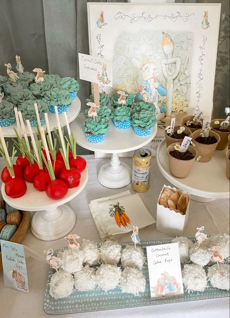 Peter Rabbit Food Table, Peter Rabbit Shower Food, Peter Rabbit Cupcakes Ideas, Girl Peter Rabbit Baby Shower Ideas, Peter Rabbit Desserts, Peter Rabbit Cake Pops, Peter Rabbit Garden Party, Peter Rabbit Baby Shower Cookies, Peter Rabbit Cake Ideas