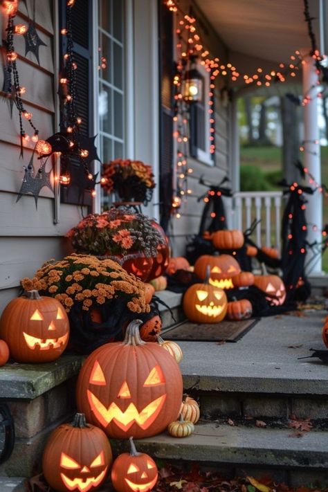 Porch Goals, Porche Halloween, Fall Front Porch Decor Ideas, Casa Halloween, Halloween Front Porch Decor, Halloween Porch Decorations, Fall Front Porch Decor, Halloween Front Porch, Fall Front Porch