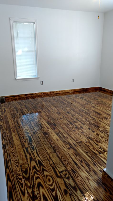 DYI 1x4 flooring. Yellow pine 1x4 burnt with a torch and polyurethane. Burnt Plywood Floor, Plywood Flooring Diy, Pallet Floors, Pine Wood Flooring, Diy Wood Floors, Wood Floor Design, Plywood Floor, Plywood Flooring, Burnt Wood