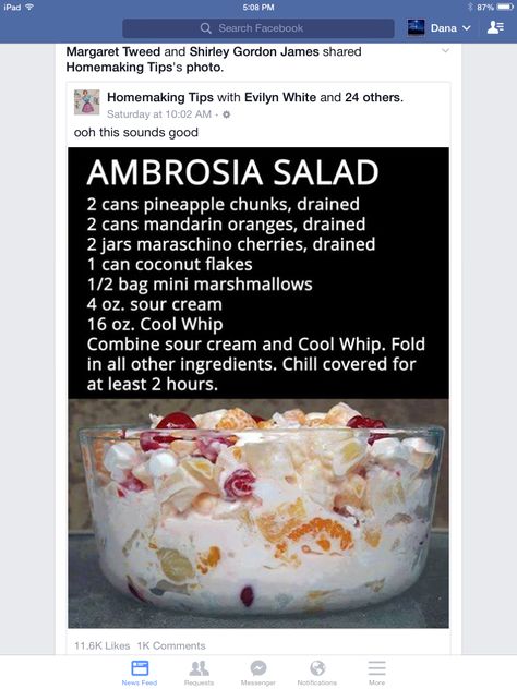 Ambrosia Fruit Salad, Dessert Aux Fruits, Ambrosia Salad, Fruit Dishes, Fruit Salad Recipes, Dessert Salads, Köstliche Desserts, Fruit Desserts, Fruit Recipes