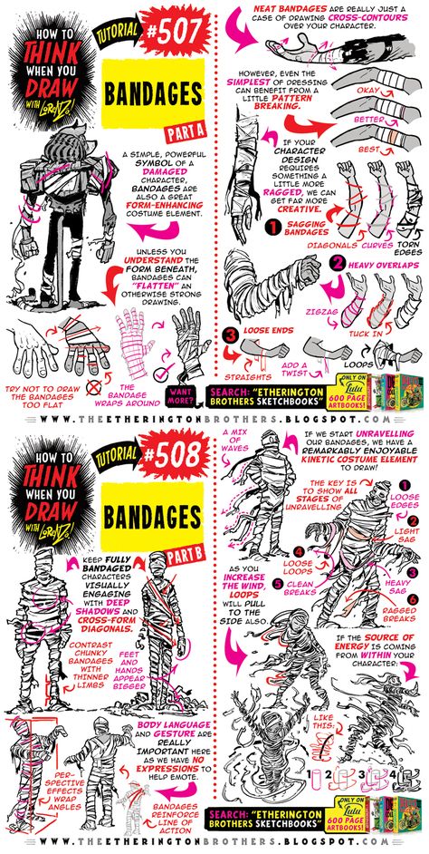 Bandaged Body Drawing, Bandage Clothes Drawing, Bandage Character Design, Bandage Reference Drawing, Comic Book Drawing Tutorials, Bandage Tutorial, Drawing Bandages, How To Draw Bandages, How To Think When You Draw