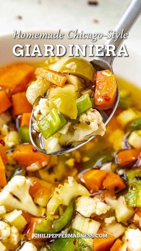 A spoonful of the delicious Homemade Chicago-Style Giardiniera. Refrigerator Giardiniera Recipe, Giardinara Recipe, Guy Ferrari Recipes, Gardeniera Recipe, Giardiniera Chicken, Hot Giardiniera Recipe, Chicago Style Giardiniera Recipe, Homemade Giardiniera Recipe, Canning Preserves