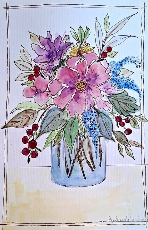 Watercolour And Pen Art Flowers, Watercolour And Pen Flowers, Watercolor Art With Pen, Pen And Ink Watercolor Paintings, Watercolor And Pen Art Illustrations, Pen And Watercolor Flowers, Pen And Ink Drawings With Watercolor, Watercolour And Pen Art, Pen And Watercolor Art