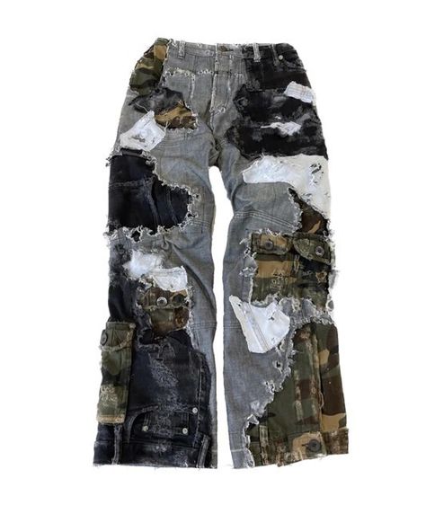 Crazy Jeans Outfit, Reworked Denim Jeans For Streetwear, Streetwear Recycled Denim Jeans, Streetwear Dark Wash Reworked Jeans, Grunge Patchwork Jeans For Streetwear, Costume Jeans, Deconstructed Jeans, Creative Jeans, Reworked Pants