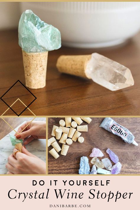 These DIY Crystal Wine Stoppers make a PERFECT gift for any crystal lover. Follow these quick and easy step-by-step directions to make these trendy and beautiful gemstone wine stoppers to have as a gift idea, or for you to use at girls night! #DaniBarbe #Crystals #DIYWineBottleCrafts #WineStoppers #CrystalsAndGemstones Craft With Crystals, Crystal Magnets Diy, Gemstone Diy Decor, Diy Crystal Gifts Ideas, Diy Crystal Crafts Ideas, Diy Metaphysical Crafts, Crystal Ideas Diy, Quartz Crystal Crafts, Gemstone Crafts Ideas