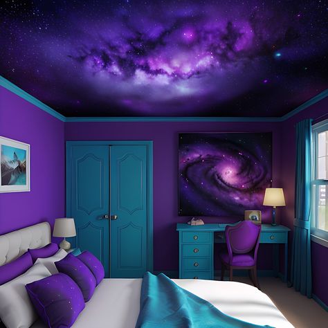 Purple And Teal Bedroom, Bedroom Digital Art, Blue And Purple Bedroom, Eclectic Bedroom Furniture, Galaxy Bedroom, Boys Room Blue, Violet Room, Purple Furniture, Bedroom Purple