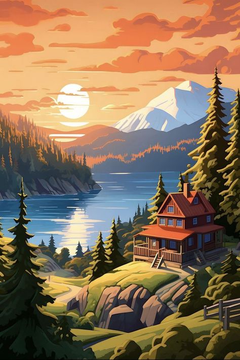 Tranquil house on a hill surrounded by lush forest and a breathtaking mountain sunset. Captivating nature art print with a harmonious blend of scenic beauty and artistic illustrations. Sanatani Boy, Mountain Images Nature, Beautiful Scenery Nature Peace, Digital Art Scenery Landscapes, Mountain House Drawing, Forest House Drawing, House In Forest Drawing, Forest House Mountain, House In The Mountains Drawing