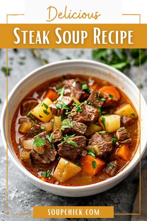 One-Pot Steak Soup Recipe Steak And Potato Stew, Steak And Potato Soup Recipes, Skirt Steak Soup Recipes, Steak And Potato Soup Stovetop, Steak Vegetable Soup, Beef Tip Soup Recipes, Crockpot Steak Soup, Tritip Soup Recipes, Flank Steak Soup