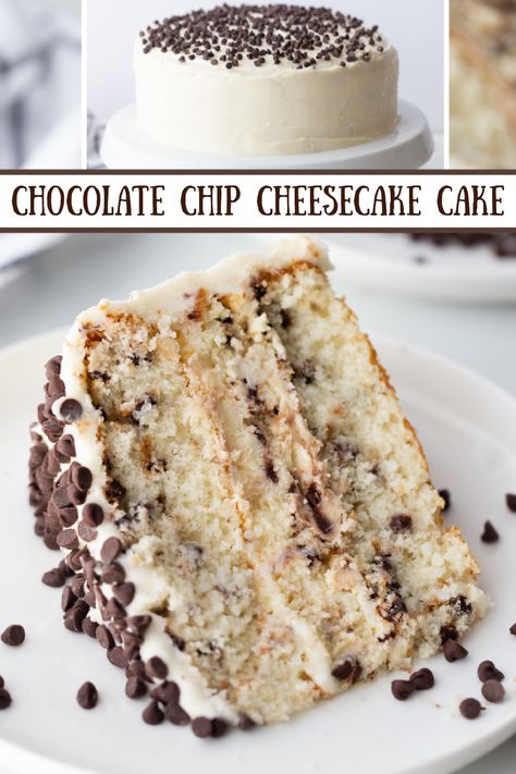 Chocolate Chip Cheesecake Cake recipe from RecipesForHolidays.com Rich Vanilla Cake, Chocolate Chip Cheesecake Cake, Filled Cake Recipes, Tray Cakes Ideas, Sugary Desserts, Holiday Sweets, Chocolate Chip Cheesecake, Chocolate Chip Cake, Baking Fun