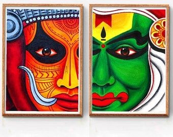 Traditional Art Indian, Theyyam Face Painting, Painting Ideas For Exhibition, South Indian Drawing, Mural Art Design Paintings, Kathakali Face Drawing Outline, Kathakali Painting On Canvas, Theyyam Paintings, Onam Painting