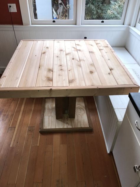 Square kitchen farmstyle table Diy Square Table, Square Kitchen Table, Square Kitchen Tables, Banquette Seating In Kitchen, Banquette Bench, Diy Kitchen Table, Small Kitchen Design, Kitchen Table Makeover, Square Kitchen