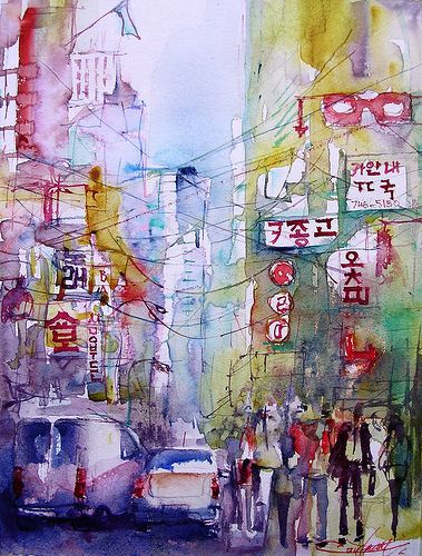 Street of Seoul South Korean | Flickr - Photo Sharing! Kazakhstan Art, Social Realism, City Drawing, Watercolor Projects, Loose Watercolor, The Cinema, Cityscape Art, Art Folder, Subway Art