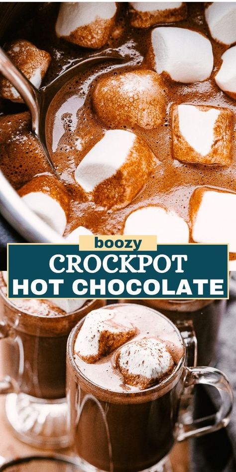 Enjoy this Spiked Crockpot Hot Chocolate, a rich, creamy, and boozy delight perfect for holiday gatherings and designed for a crowd. Hot Cocoa Shots, Alcohol Hot Chocolate Drinks, Spiked Hot Chocolate Bar, Crockpot Hot Cocoa For A Crowd, Hot Chocolate Cocktails, Boozy Hot Chocolate Bar, Hot Chocolate Alcoholic Drinks, Chocolate Alcoholic Drinks, Easy Hot Chocolate Recipe