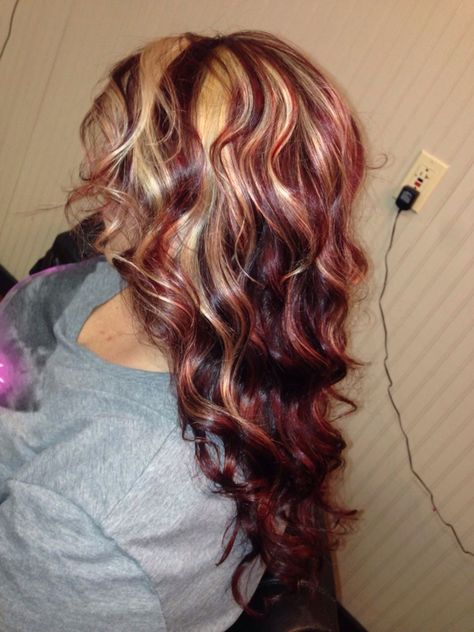 2b Hair Color Ideas, Red And Blonde Highlights Curly Hair, Red And Blonde Hair Color Curly, Red Blonde Black Hair, Curly Red Hair With Blonde Highlights, Calico Hair Color Curly, Red Tipped Hair, Red Black And Blonde Hair, Dark Red And Blonde Hair Color