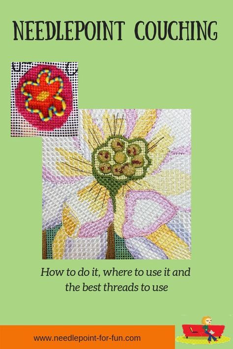 A Needlepoint Couching tutorial easy to learn and fun for your stitching technique. Embroidery Types, Embroidery Stitches Flowers, Needlepoint Pillow Kits, Embroidery Leaf, Ideas Embroidery, Needlepoint Ornaments, Needlepoint Stitch, Tapestry Kits, Embroidery Tshirt