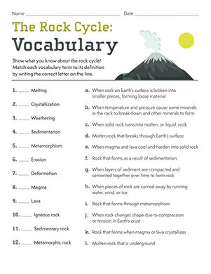 The Rock Cycle: Vocabulary | Interactive Worksheet | Education.com Rock Cycle Worksheet, Rock Cycle, Esl Classroom, 2nd Grade Math Worksheets, Earth Surface, Science Worksheets, Middle School Science, Energy Flow, Middle School Student