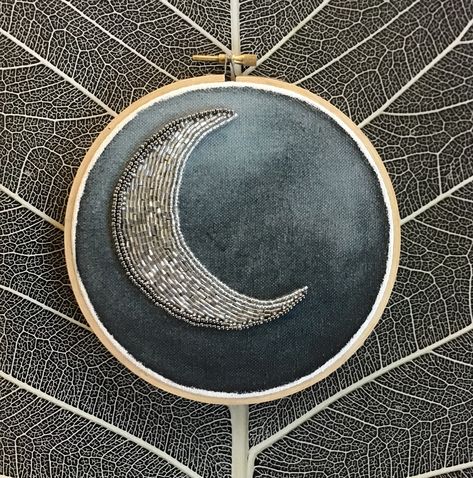 Moon Bead Embroidery, Mollymauk Cosplay, Moon Embroidery Pattern, Crescent Moon Embroidery, Art Deco Moon, Cloud Embroidery, Fabric Illustration, Moon Embroidery, Painted Background