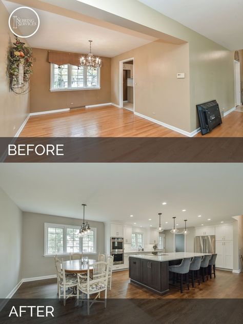 Before and After Open Floor Plan Kitchen, Living Room, White Cabinets - Sebring Services Casa Disney, Open Floor Plan Kitchen, Before After Kitchen, Before After, After Pictures, Living Room Remodel, Kitchen Remodeling Projects, Split Level, Before And After Pictures