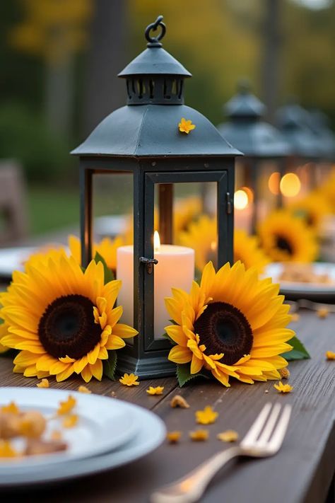 Sunflower Wedding Venue Ideas, Fall Color Wedding Ideas, Boho Sunflower Wedding, Elegant Sunflower Wedding, Watering Can Centerpieces, Sunflower Wedding Theme, Sunflower Wedding Centerpieces, Wedding Centerpieces Ideas, Sunflower Birthday Parties