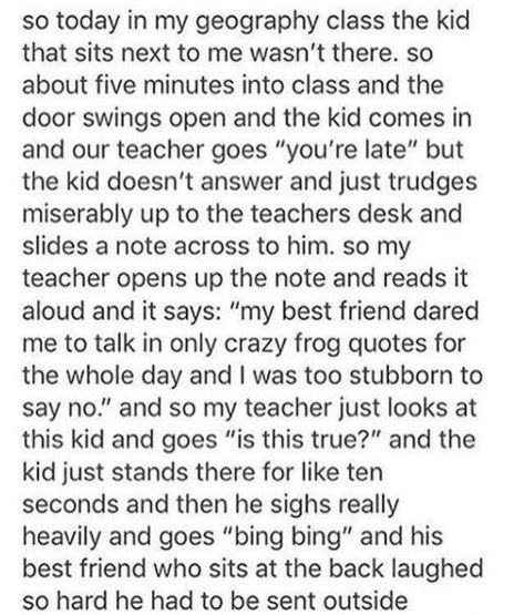 Funny School Stories, School Stories, Crazy Frog, Funny School, Funny Tumblr Posts, Really Funny Joke, Hysterically Funny, Alter Ego, Internet Funny