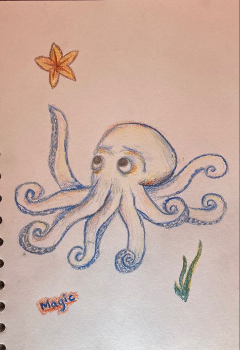 Sealife Drawing Simple, Sea Life Drawings Easy, Drawing Of An Octopus, Underwater Drawing Easy, Aesthetic Octopus Drawing, Simple Aquatic Drawing, Sea Creatures Drawing Easy, Drawing An Octopus, How To Draw An Octopus