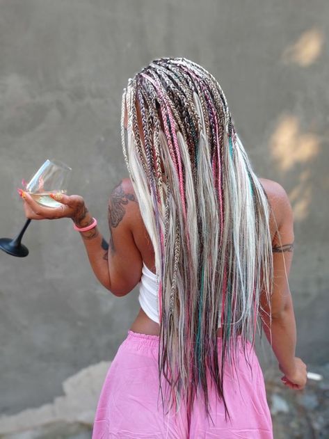 Burningman Hair Braids, Braids And Extensions, Colorful Hair Extensions Braids, Raster Braids Styles Long, Braided Hair With Color Extensions, Pregnancy Hair Color, Hair Color Dye Ideas, Festival Braids With Color Extensions, Frizz Hairstyles