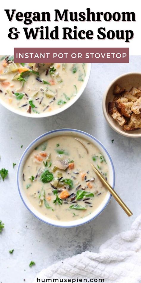 Looking for a creamy vegan soup recipe? This Instant Pot wild rice soup with mushrooms is the ultimate cozy meal! Easy to make, with both Instant Pot and stovetop directions. Wild Rice Soup With Mushrooms, Vegan Wild Rice Soup, Vegan Wild Rice, Soup With Mushrooms, Vegan Mushroom Soup, Vegan Potato Soup, Easy Vegan Soup, Quick Soup Recipes, Cooking Wild Rice