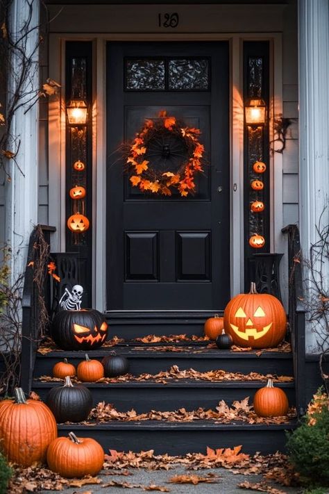 "Transform your entrance into a haunted haven with Spooky Front Porch Decor! 🎃👻 Perfect for welcoming trick-or-treaters with eerie vibes and creepy charm. 🌟✨ #HalloweenDecor #SpookyPorch #FrontPorchDecor" Fall Front Porch Decor Black Door, Halloween Steps Outdoor, Halloween Stairs Outdoor, Outdoor Fall Halloween Decor, Front Steps Halloween Decor, Cute Halloween Front Porch Decor, Halloween Front Porch Decor Diy, Halloween Planter Ideas Front Porch, Aesthetic Halloween Decorations