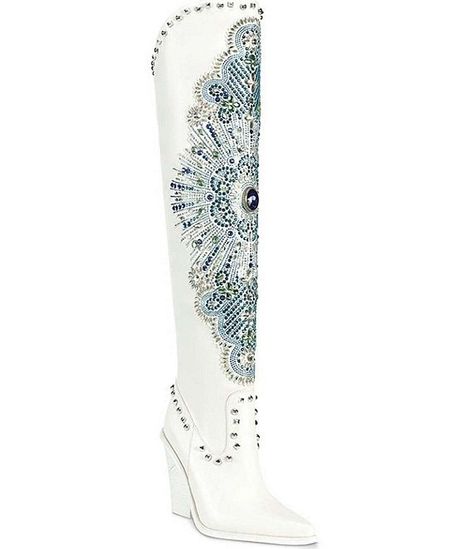 Azalea Wang Axelbeat Rhinestone Western Over-the-Knee Boots | Dillard's Pretty Brown Hair, Tutu Ballet, Cowgirl Accessories, Azalea Wang, Boot Jewelry, Country Concert, White Boots, Western Cowboy Boots, Dillard's