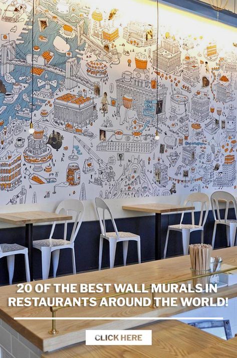 A huge part of restaurant decor is using a wall mural as the focal point that showcases the restaurants main identity. Here is a list of 20 of the best wall murals in restaurants around the world. Decor plays a huge role in a restaurant's style whether it is a fancy franchise or a small budget place catering to a smaller audience. The wall mural will be the focal point as it tells the identity and the story of the restaurant's roots or history. Restaurant owners want to wow their customers when Urban Cafe Design, Main Wall Design, Wall Graphics Restaurant, Japanese Interior Design Modern, Wall Mural Ideas, Beach Wall Murals, Wall Partition Design, Forest Wall Mural, Japanese Interior Design