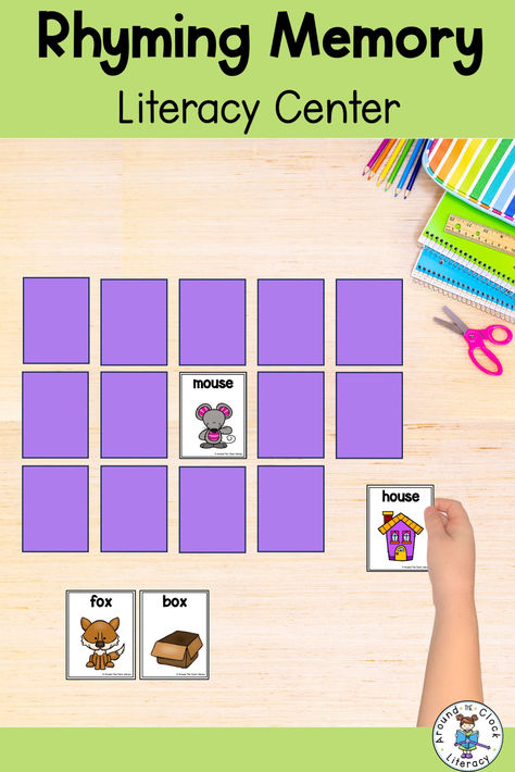 Enhance your students' phonemic awareness and rhyming skills with this fun Rhyming Memory Game Literacy Center! Early learners will enjoy finding and matching rhyming picture cards, making it a perfect hands-on activity for your literacy centers or small group lessons.  #RhymingWords #LiteracyCenters #PhonemicAwareness #MemoryGame #HandsOnLearning #KindergartenActivities #EarlyLearners #TeacherResources #SmallGroupInstruction #AroundTheClockLiteracy Rhyme Activities Preschool, Pre K Rhyming Activities, Rhyming Games 1st Grade, Small Group Rhyming Activities Preschool, Phonological Awareness Activities Prek Rhyming Games, Rhyming Words Activity, Rhyming Picture Cards, Rhyming Kindergarten, Rhyming Word Game