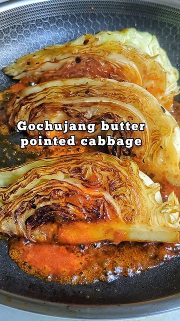 Xi Chen | Food & Travel on Instagram: "The pointed cabbage obsession is back and this time, it comes as a duo with gochujang butter. I just finished watching Culinary Class Wars and I'm obsessed with gochujang butter on everything. Why do I love miso butter but never thought about gochujang butter? Shocking. Anyways, here are the 5 ingredients you need:

1/2 pointed cabbage 
1 generous tsp gochujang paste (or more if you want more spicy)
1 generous tbsp soft butter 
4-5 tbsp water
toasted sesame for garnish 

Enjoooooy!

#gochujang #gochujangbutter #gochujangsauce #pointedcabbage #cabbagerecipe #culinaryclasswars #easyrecipesathome #veggierecipe #wintervegetables #cabbages #whitecabbage #sweetandspicy #eatinginberlin" Miso Gochujang Sauce, Pointed Cabbage Recipe, Gochujang Cabbage, Gochujang Butter, Pointed Cabbage, Cosy Food, Gochujang Paste, Gochujang Recipe, Cabbage Benefits