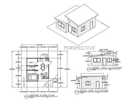 Small house left, right and perspective elevation with ground floor plan details dwg file Floor Plan With Elevation, Floor Plan Elevation, Floor Plan Perspective, Elevation Plan Architecture, House Plan Drawing, Drawing Floor Plans, Ground Floor Plan House, Elevation House Drawing, Perspective Floor Plan