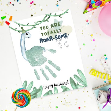 Handprint Birthday Card, Dinosaur Handprint Art, Birthday Handprint Art, Birthday Handprint, Birthday Canvas, Handprint Craft, Handprint Art, Birthday Board, Dinosaur Birthday