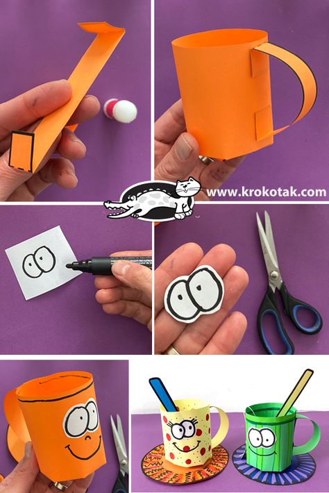 krokotak | HOW TO MAKE A PAPER TEA CUP Tea Cup Crafts For Kids, Paper Cup Activities, Paper Coffee Cup Crafts, Cup Crafts For Kids, Coffee Cup Paper Craft, Paper Mug Craft, Cup Paper Craft, How To Make Paper Cup, Teapot Crafts