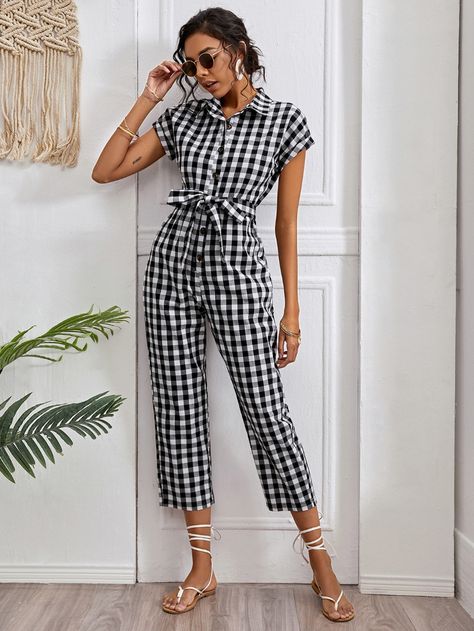 Fitted Gingham Jumpsuits And Rompers For Spring, Sleeveless Gingham Jumpsuits And Rompers For Summer, Summer Sleeveless Gingham Jumpsuits And Rompers, Casual Gingham Jumpsuits And Rompers, Summer Gingham Cotton Jumpsuits And Rompers, Gingham Jumpsuit, Gingham Outfit, Plaid Jumpsuit, Material Ideas