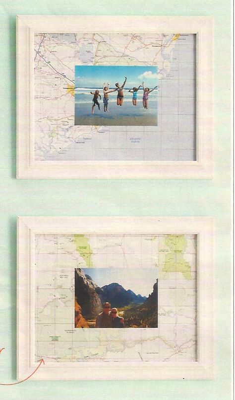 Framed Travel Souvenirs, Photo Frame Upcycle, Displaying Travel Photos, Framed Maps Decor, Framed Maps On Wall, Memory Frame Ideas, Travel Photo Wall Ideas, Travel Picture Wall, Framing Memories