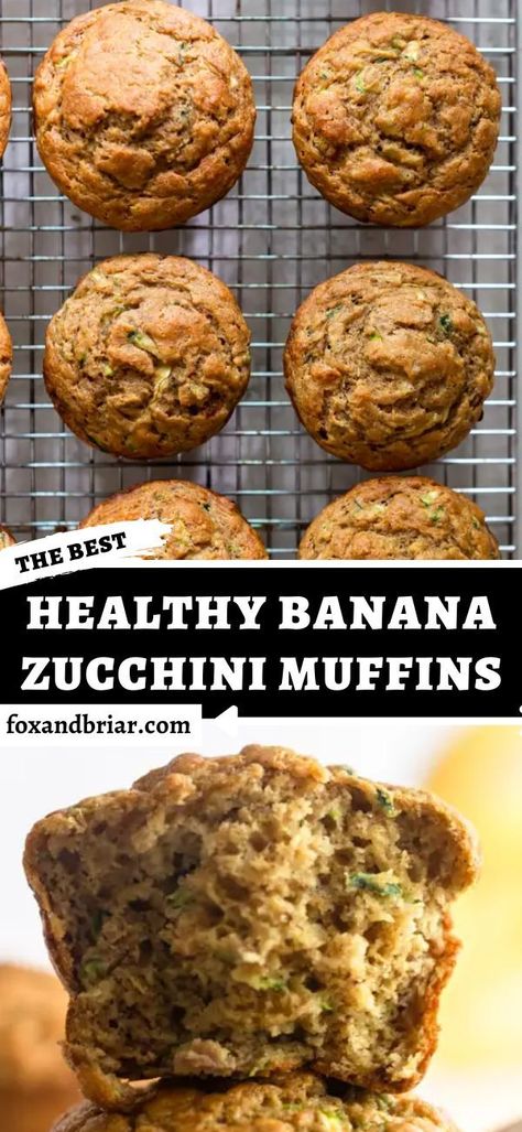 These Easy and Healthy Banana Zucchini Muffins make a perfect snack for toddlers, kids and adults! Naturally sweetened with bananas and maple syrup, these muffins are packed with protein and fiber so they make a healthy snack that tastes great! Banana Carrot Zucchini Muffins, Banana Zucchini Mini Muffins, Zucchini Banana Muffin, Zucchini Muffins Healthy Kids, Pumpkin Banana Zucchini Muffins, Zucchini Muffins For Baby, Zucchini Muffins With Greek Yogurt, Easy Healthy Zucchini Muffins, Healthy Zucchini Oatmeal Muffins